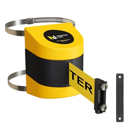 Montour Line Retractable Belt Barrier Yellow Clamped Mount, 25ft. Cau.Belt M WMX160-YW-CAUYB-C-M-250